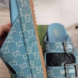 Gucci Light Blue GG Denim Buckle Slide Sandals